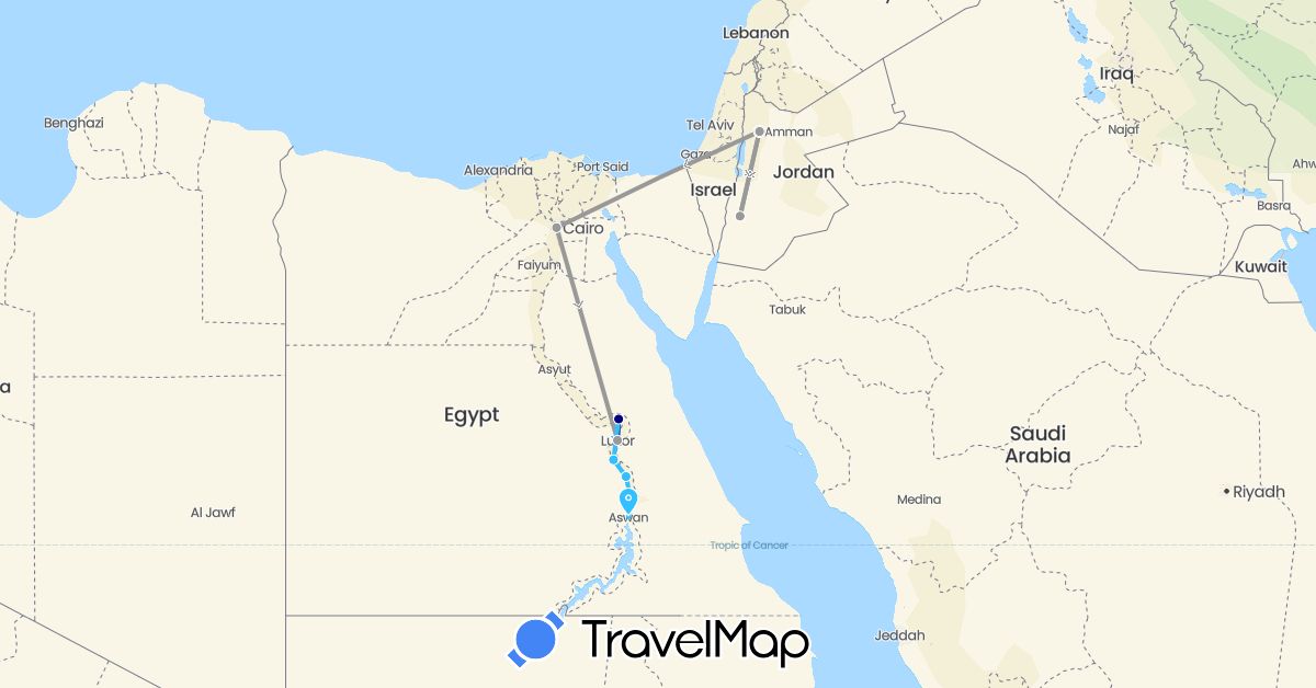 TravelMap itinerary: driving, plane, boat in Egypt, Jordan (Africa, Asia)